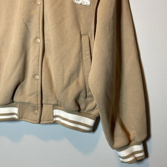 GAP Varsity Jacket Women’s XXS Tan Brown Bear Logo Snap Up Cozy Y2K Sweatshirt - Picture 5 of 13